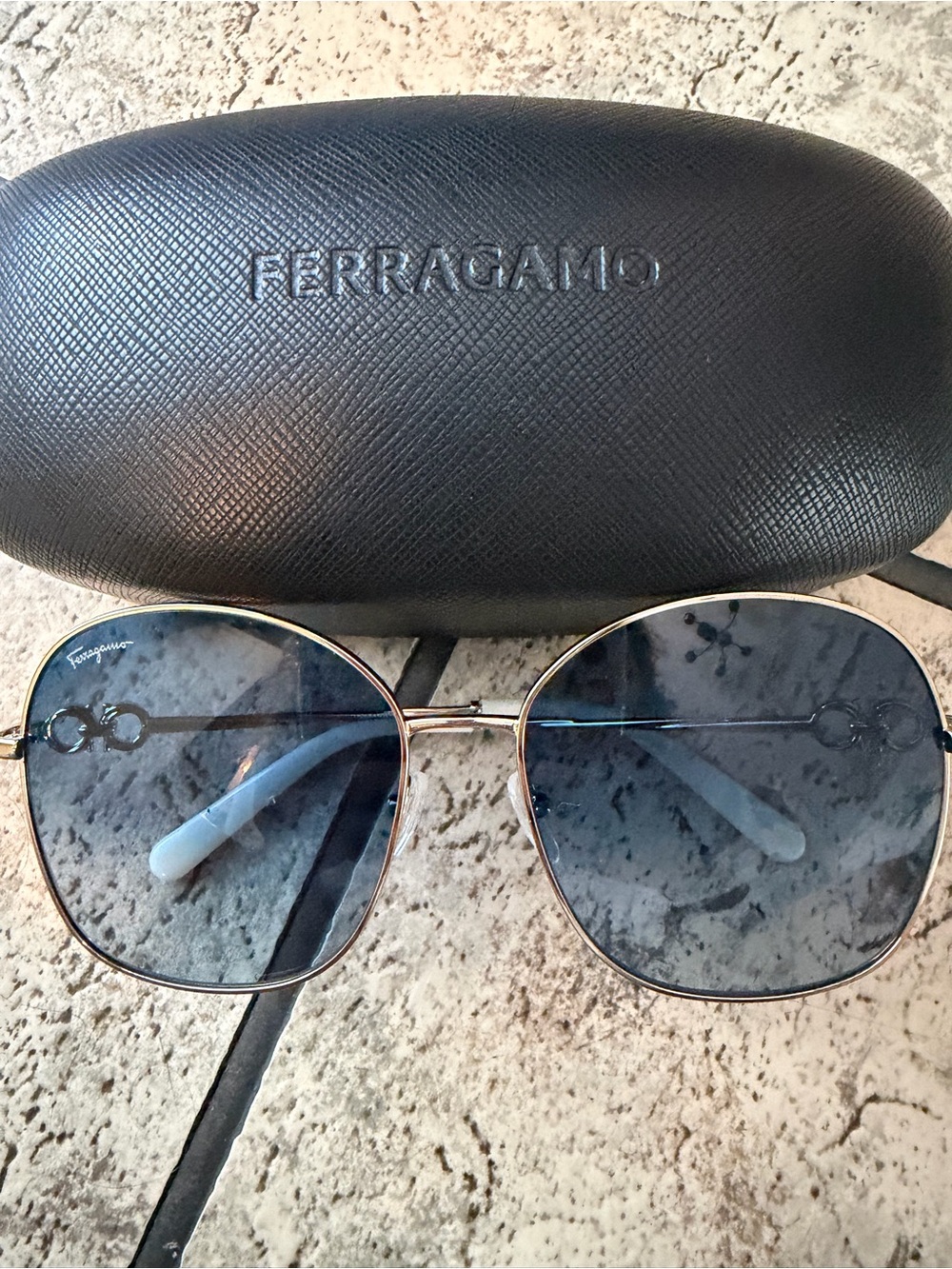 Salvatore Ferragamo Gold Frame Sunglasses with Blue Lenses